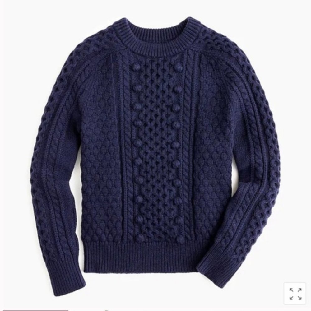 J. Crew Lambswool Cable Knit Mock Neck Sweater with Pom Poms Navy Medium